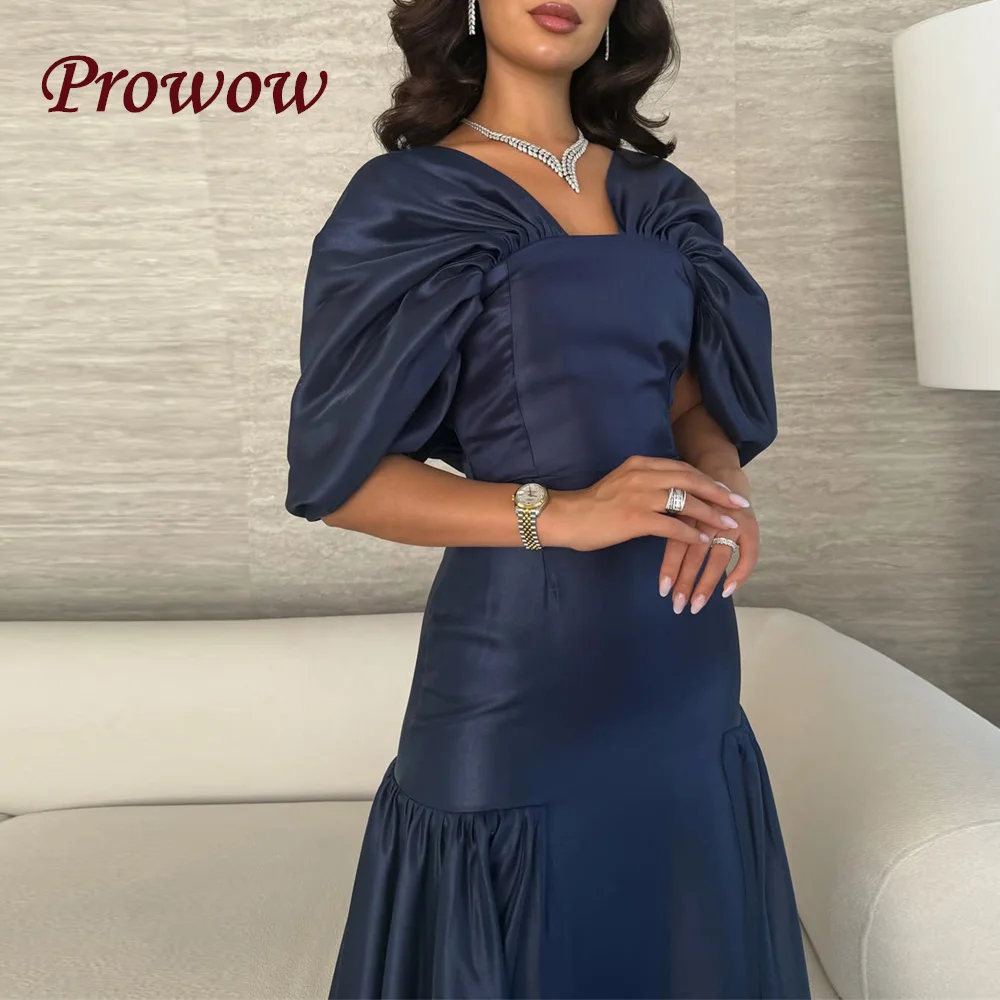 

Prowow Elegant Navy Blue Mermaid Prom Dresses Luxury Women's Party Gowns V-neck Evening Dress 2025 Customized Silk Satin