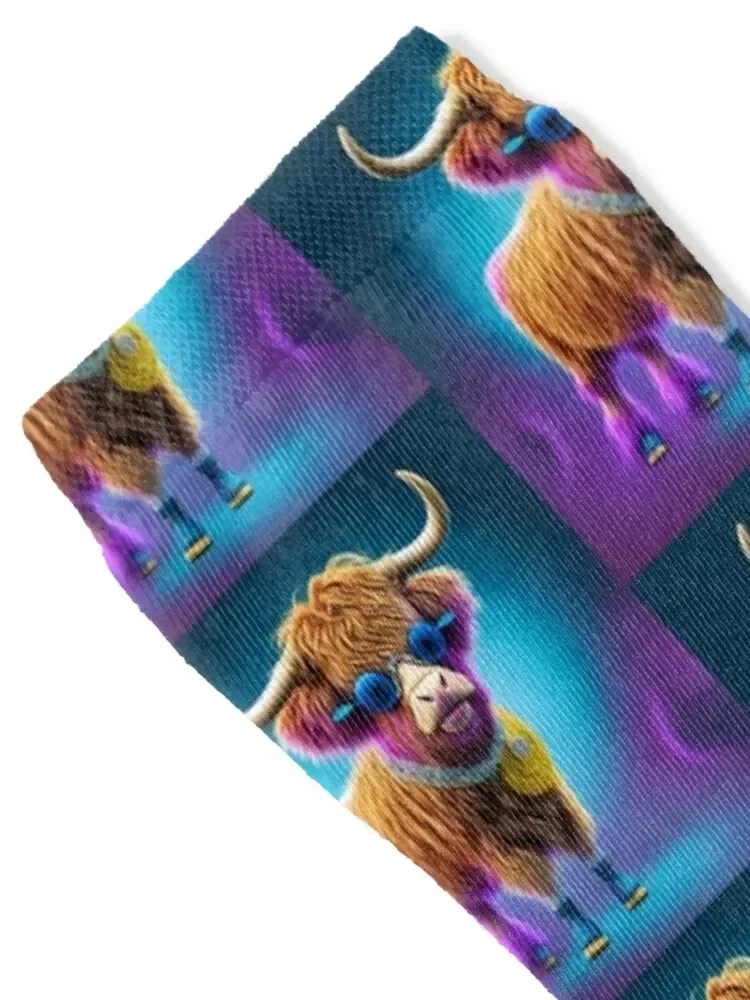 Funny Disco Highland Cattle Socks Novelties Run Socks For Man Women's