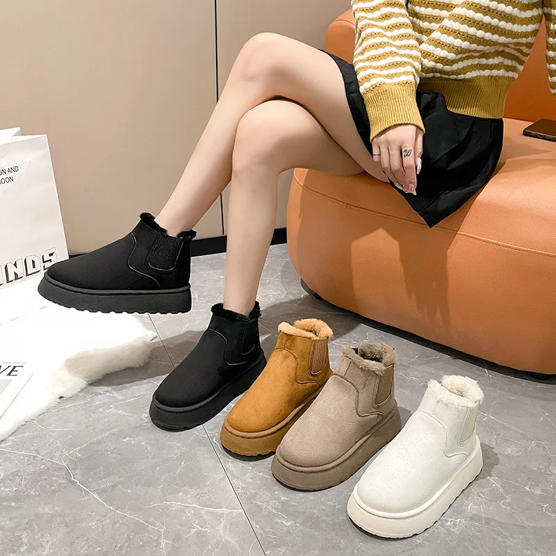 

Cotton Boots Winter Women Short Plush Warm Snow Boots Casual Shoes for Women Suede Fur Chelsea Ankle Boots Flats Platform Shoes