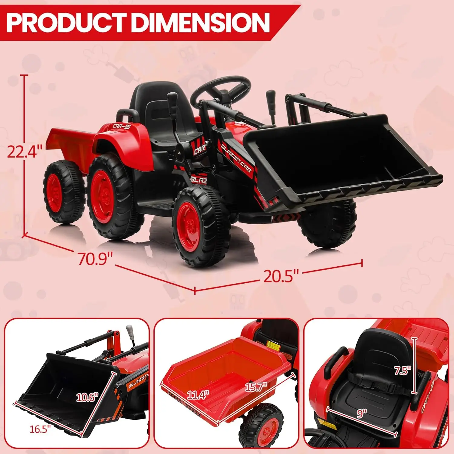 3-in-1 kinderrit op tractor met afneembare aanhangwagen, 12V elektrische bulldozer met schepemmer, afstandsbediening, hoorn, verlichting