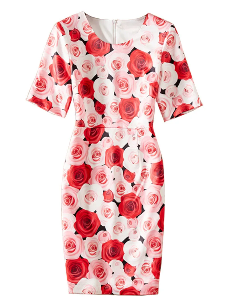 Elegant Rose Print Sheath Dress For Women Summer Floral Party Dresses 2025