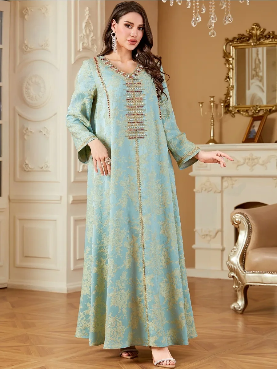 Vestido musulmán Eid para mujer Abaya con cuentas y cuello en V Vestidos largos Vestidos Largos caftán de fiesta Jalabiya Ramadán Dubai vestido largo árabe 2025