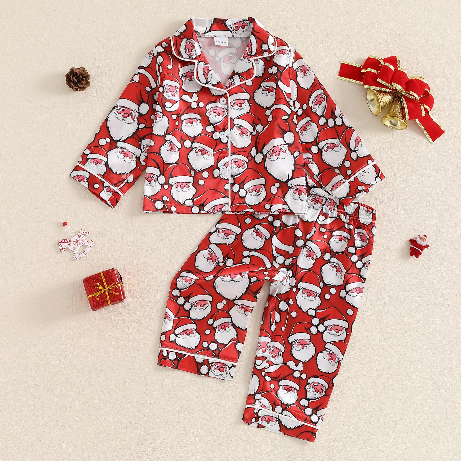 BeQeuewll Christmas Kids Girls Boys Pajamas Set Satin Santa Claus Button Children Sleepwear Long Sleeves Shirt Pants Loungewear