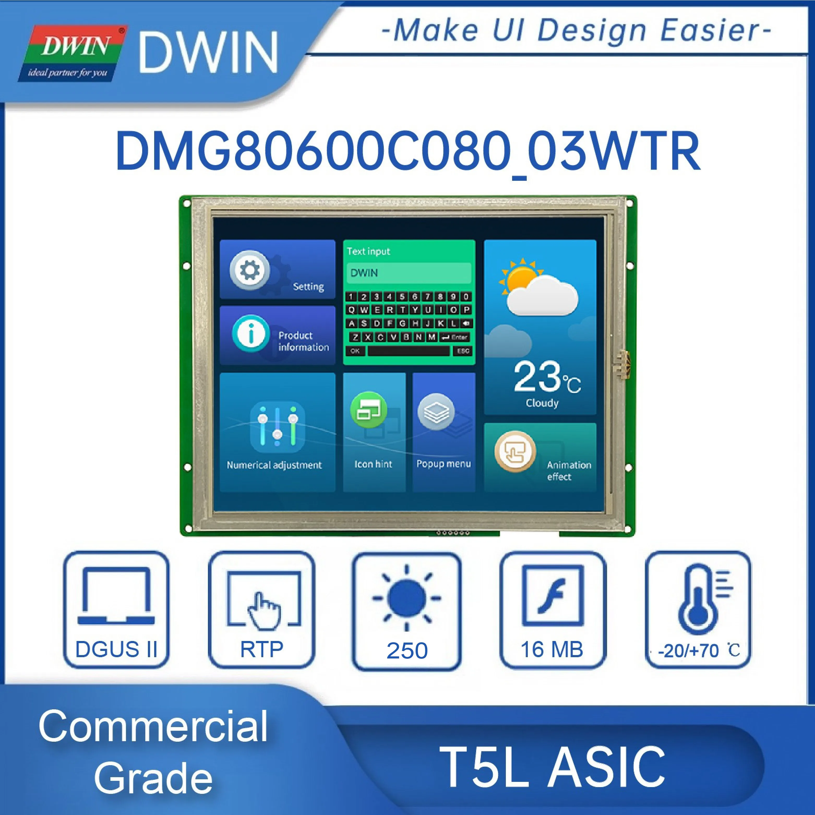 DWIN 8 Inch 800x600 UART Serial Port Display RS232/TTL Interface TFT LCD Module HMI Touch Screen for Arduino DMG80600C080_03W