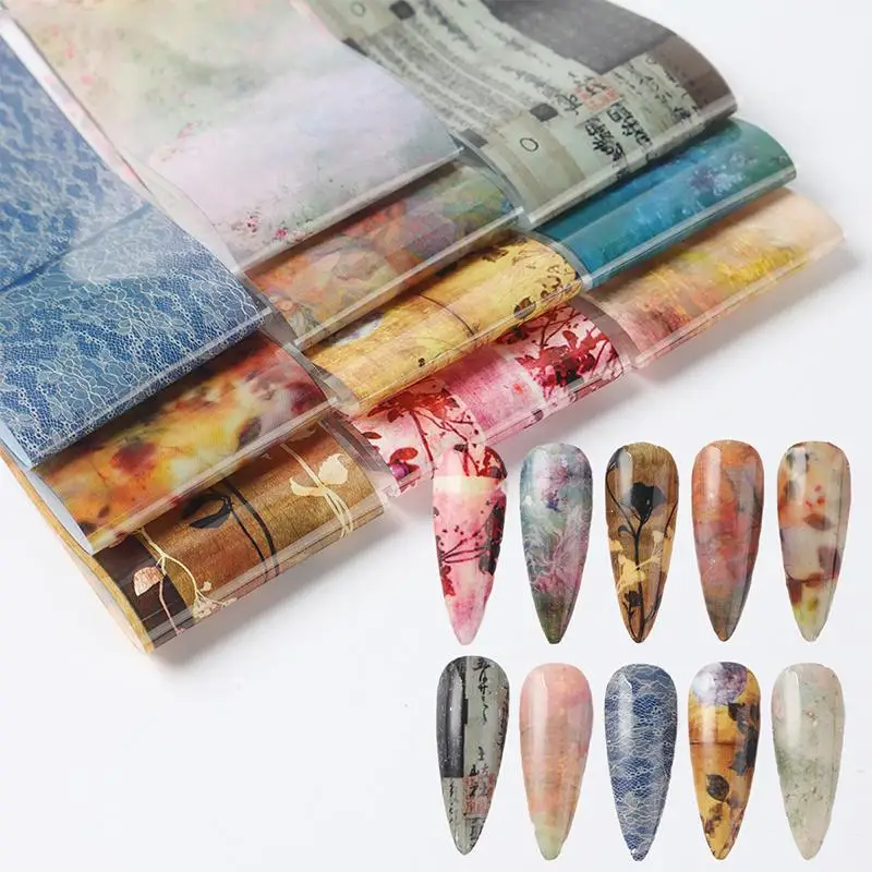 10 Sheets Feng Shui Ink Staining Nail Foils Transfer Paper Laser Nail Art Stickers Decal Pattern Printing Mold Manicure Tool