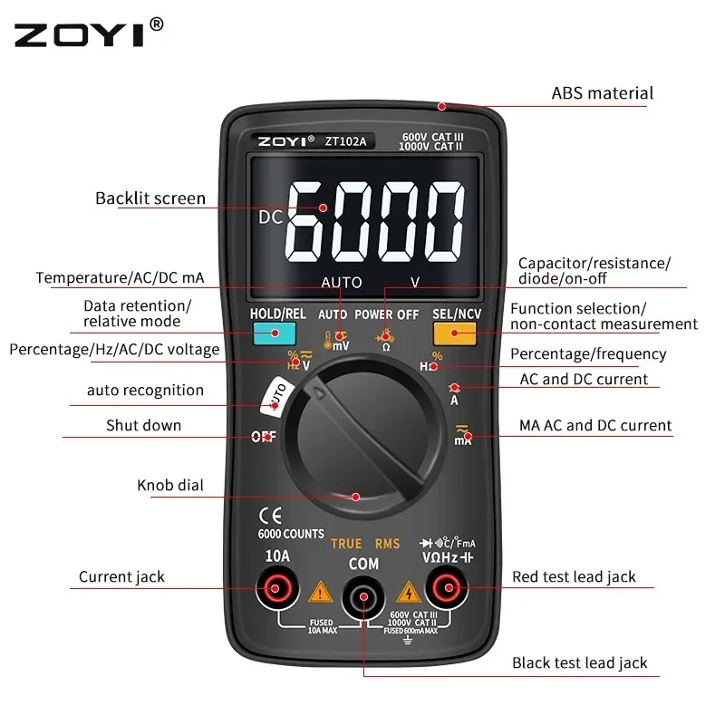 ZOYI ZT98 ZT100 ZT101 ZT102 ZT102A Digital Multimeter 6000 Counts True RMS Auto Range NCV Temperature Capacitance Tester