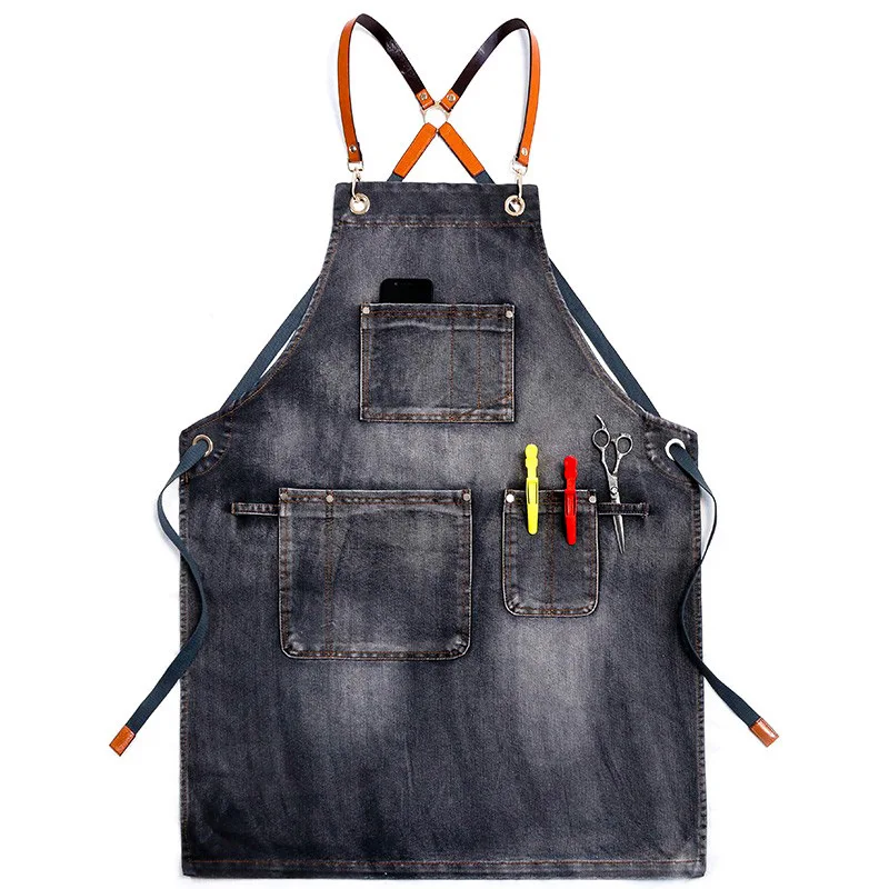 New Adults Apron Adjustable Housekeeping Denim Apron Cooking Kitchen for Women Men Restaurant Coffee Milk Tea Shop Work Clothes