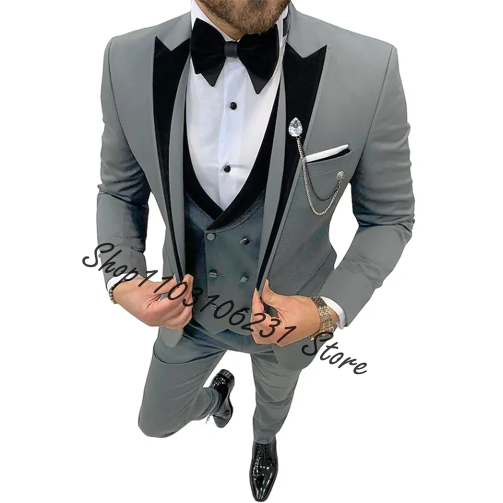 Grey Business Men Suits Slim Fit Male Fashion Jacket Vest Pants 3 Piece Wedding Tuxedo for Groom Dinner Party Costume Homme