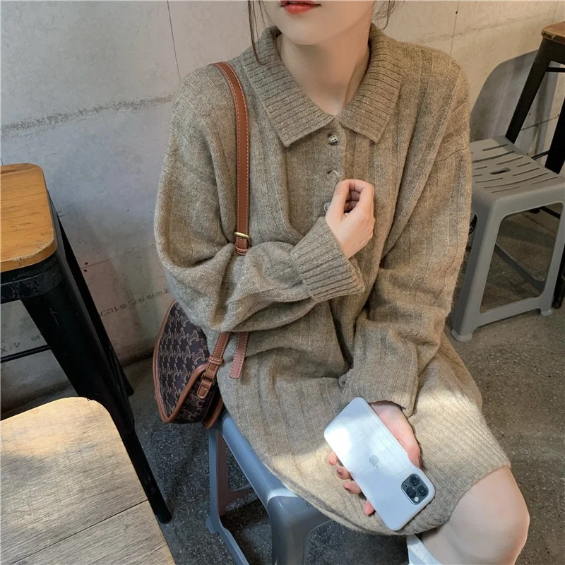 

Women's Mid-Length Knitted Dress Sweater Dress CleanFit Style Long Sleeve T-Shirt Dress PVC Fabric Base Layer for Autumn Winter