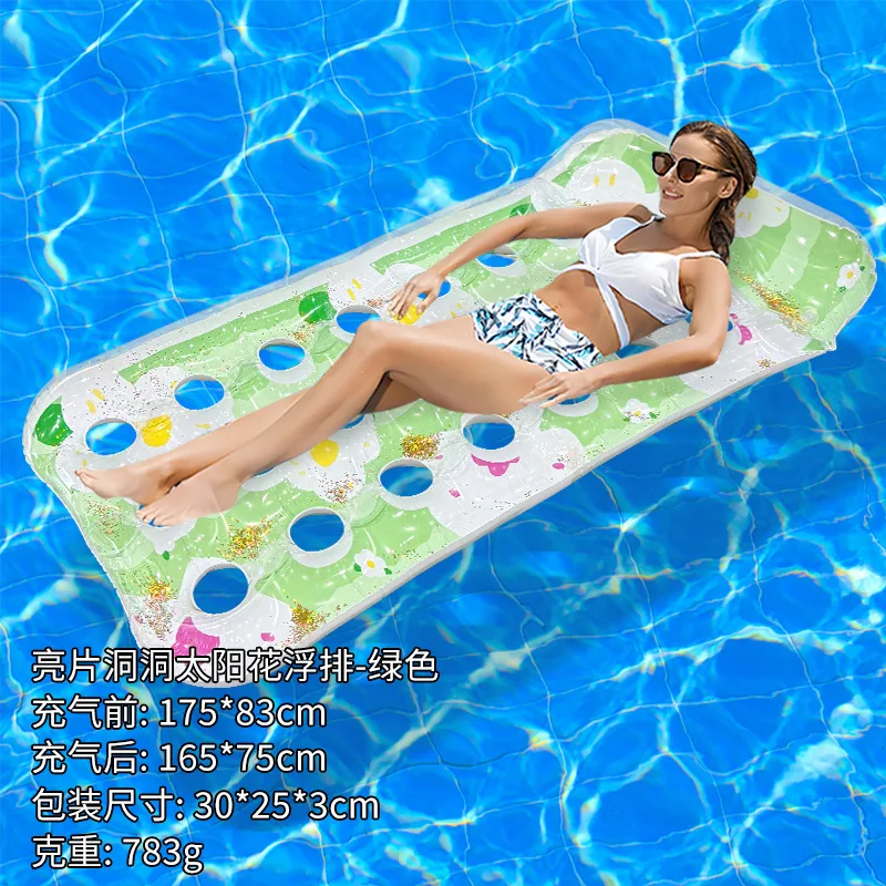 ที่นอนเป่าลมลายการ์ตูนดอกทานตะวันสำหรับฤดูร้อน  แบบหนาพิเศษ  วัสดุ PVC  รูเดียว  ประดับกลิตเตอร์  นุ่มสบาย  สำหรับพักผ่อนในสระ