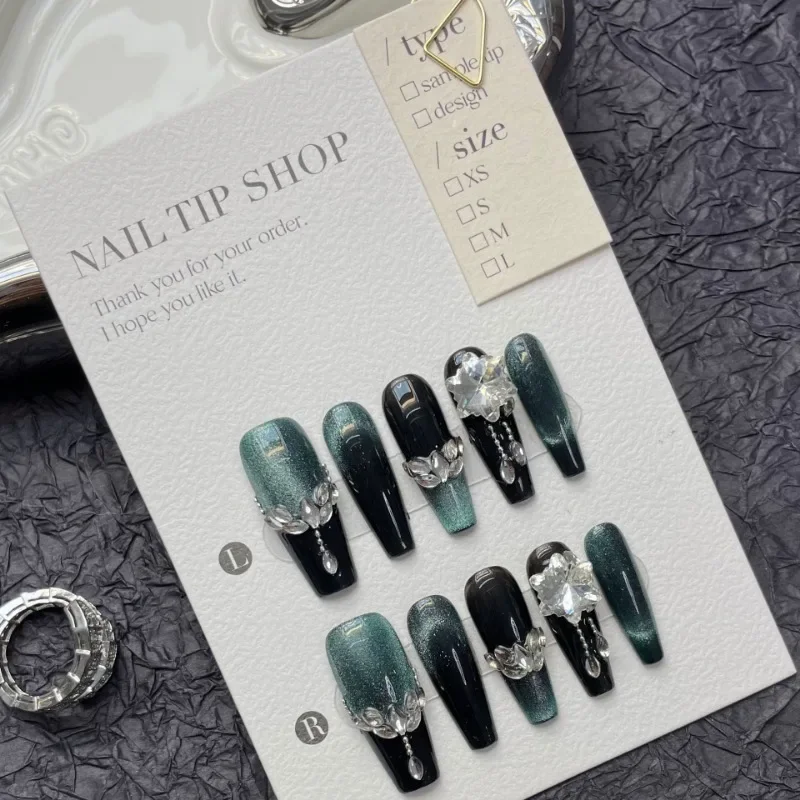 10pcs שחור ירוק עיניים חתול אבני חן אבני חן אסתטיות ציפורניים מזויפות כדי להיצמד ארון ארון עיתונות מלאכותי אקריליק על הציפורניים טיפים