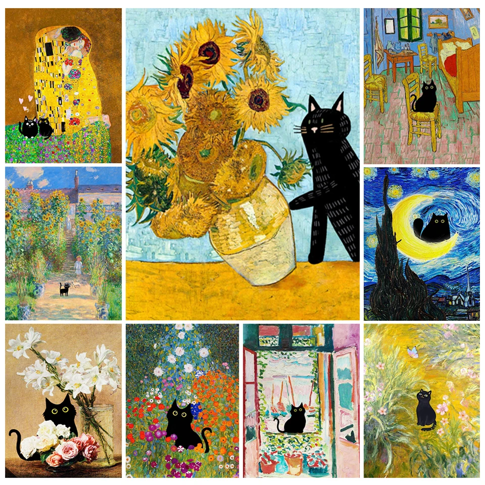 Black Cat Knocking Over Van Gogh’s Sunflowers Diamond Painting Funny Animals Cross Stitch Kits 5D Diamond Art Full Drill Decor