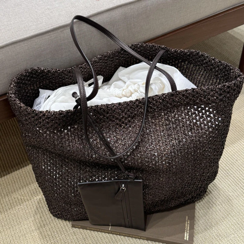 

Роскошная тканая сумка-тоут для женщин, большая вместительная сумка через плечо с ажурным узором, повседневная сумка для поездок на работу со съемным чехлом, летняя пляжная сумка