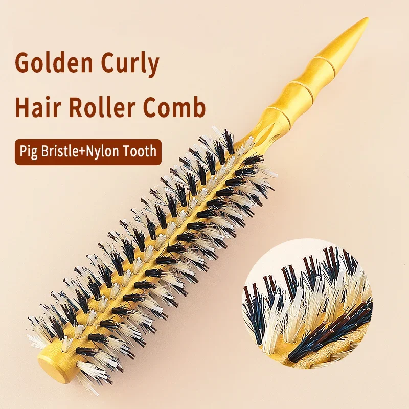 

New Golden Boar Bristle Nylon Hair Round Comb Barber Roller Wood Hair Brush Salon Hairdressing Combs for Women Hair Curly