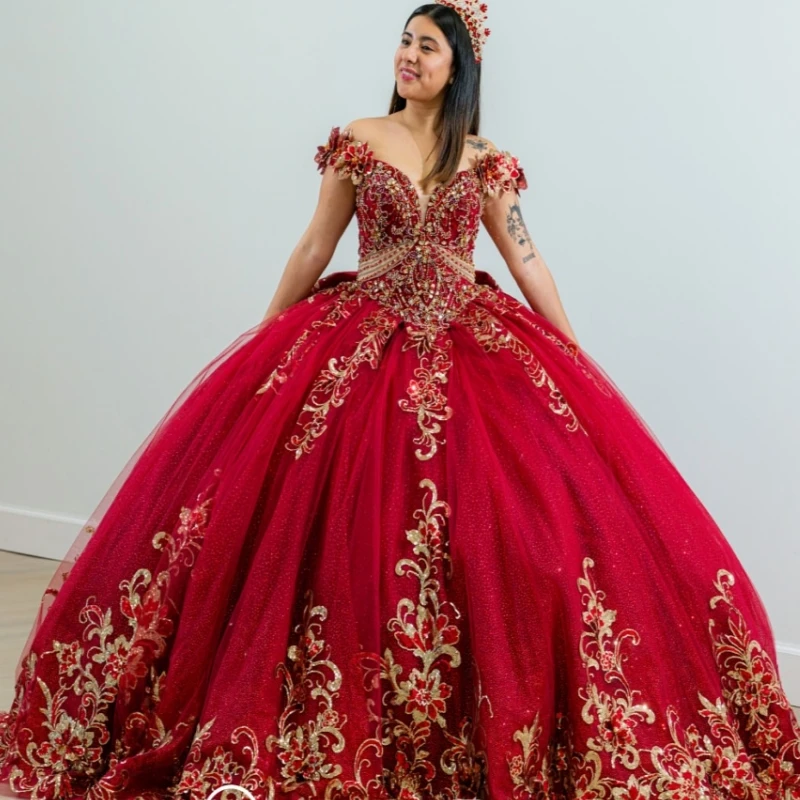 

Red Shiny Quinceanera Dresses Ball Gown Off The Shoulder Applique Lace Beading Crystal Tull Party Birthday Sweet 16 Dress Vestid