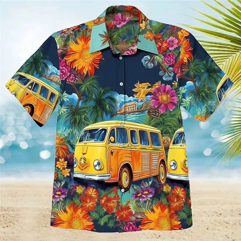 Hawaiian shirt floral pattern hippie bus outdoor street short sleeve printed clothing fashion street chic design casual