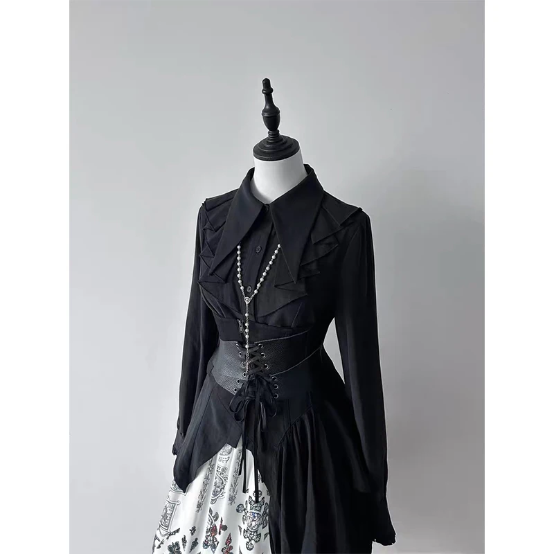 Gothic Ruffles Black Shirts Women Kawaii Lolita Cutecore Bandage White Blouses Japanese Vintage Harajuku Long Sleeve Slim Tops view 3