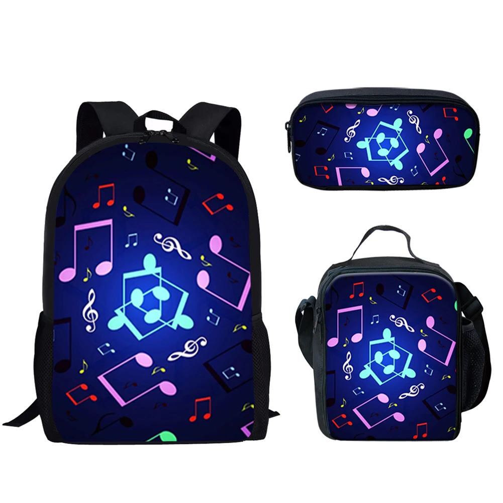 Casual 3Pcs School Bags Music Notes Print Lightweight Large Capacity Backpack for Teen Boys Girls Travel Bookbags Back to School