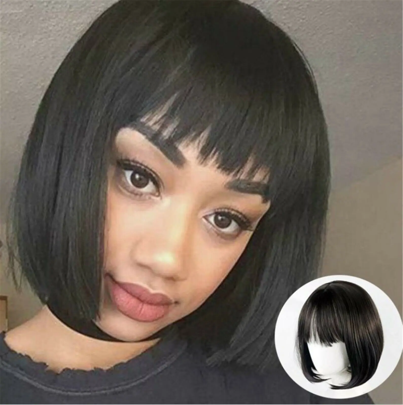 Wig rambut palsu wanita, rambut palsu pendek hitam Bob pesta tepi tampilan alami