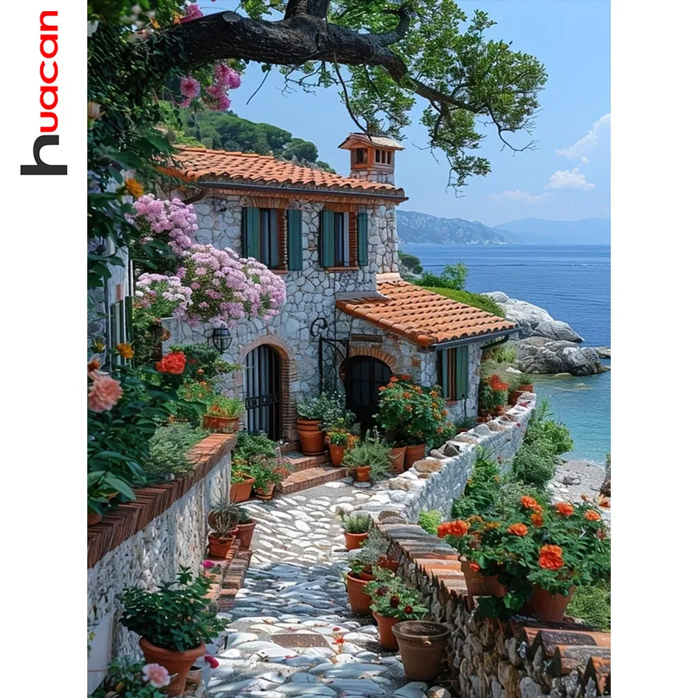 Huacan Full Square Round Diamond Mosaic Seasize House 5D DIY Flower Wall Diamond Painting New Art Craft Kit Gift Home Decor