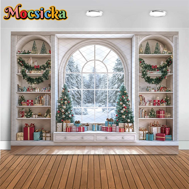 Mocsicka Christmas Home Backdrops Photography Soft Washable Window Tree Baby Photo Background Gifts White Bookshelf Decor Banner