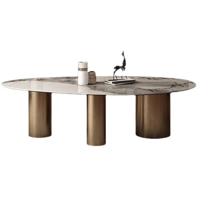 Oval Imported Stone Tabletop Trending Villa Home Design Corrosion Heat Easy-Clean Italian Luxury Stainless Steel Dining Table