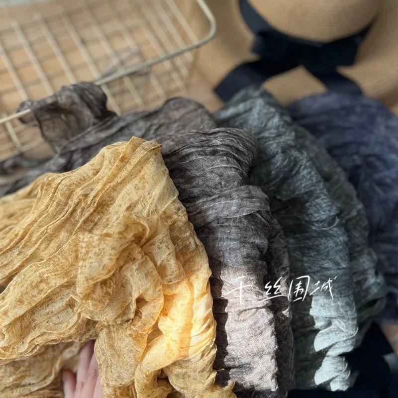 Tie Dye Cotton and Linen Scarf Retro Autumn and Winter New Style Pleated Coffee Thin Long Strip Shawl Men and Women Warm Silk