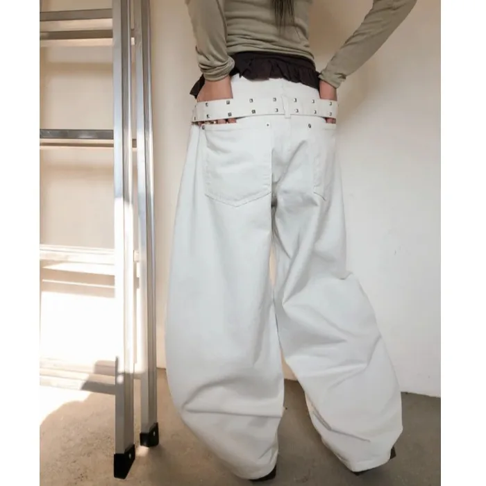 

Джинсы с ретро-заклепками и ремнем на талии, свободные широкие джинсы с высокой талией, прямые джинсы из хлопкового денима, однотонные, повседневные