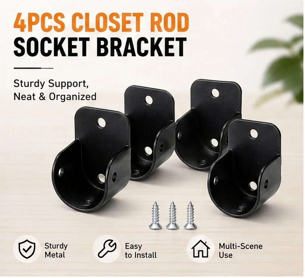 4Pcs Heavy Duty Iron Flange Socket for Closet Rod Wardrobe Shelf Support Shower Curtain Rod Bracket U Shape Bracket Easy Install
