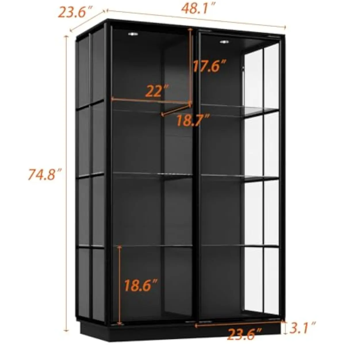 74.8' Tall Glass Display Case Cabinet with LED Lights, Large Black Storage Cabinet with Doors and Shelves, Glass Display Shelves