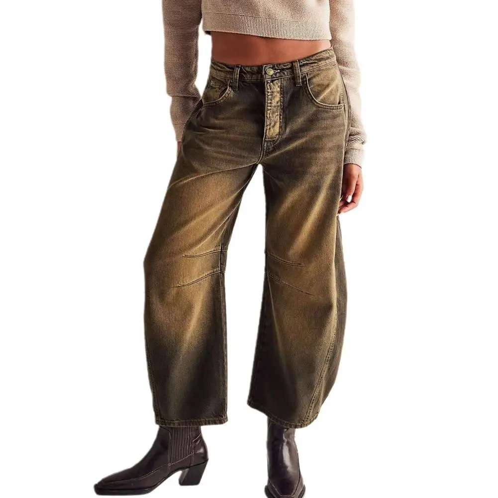 Straight Pants Stylish Women's Wide Leg Jeans with Pockets Button Placket Loose Fit Ninth Pants