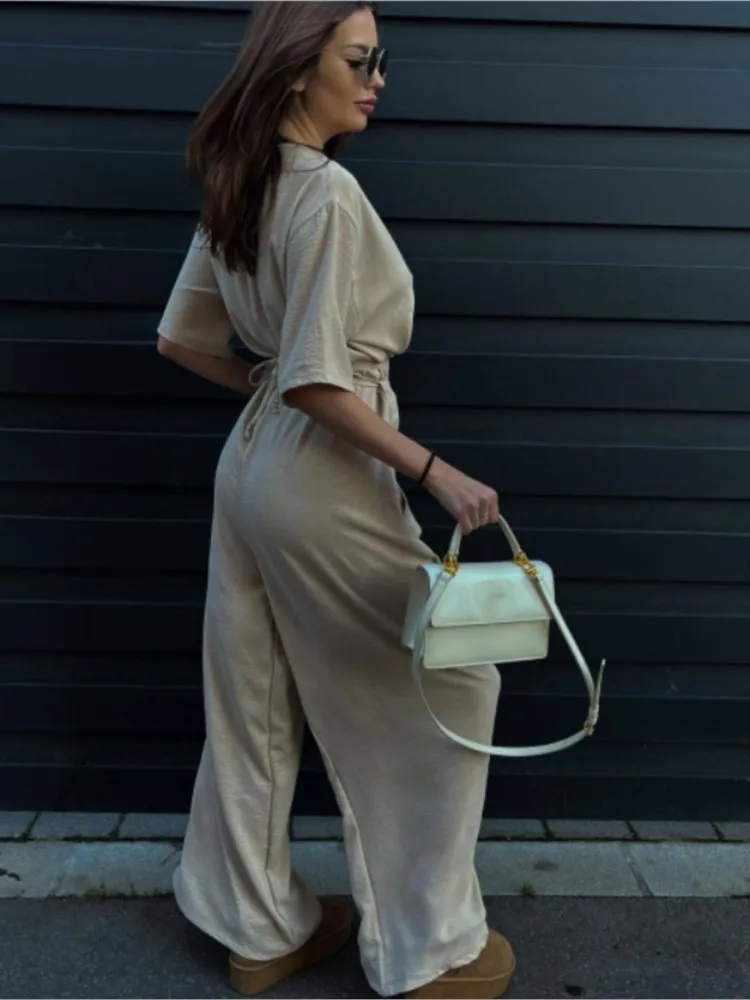 Elegant Lace-up Loose Jumpsuit Women 2024 Summer Autumn V-neck Half Sleeve Wide Leg Jumpsuits Office Solid Temperment Trousers