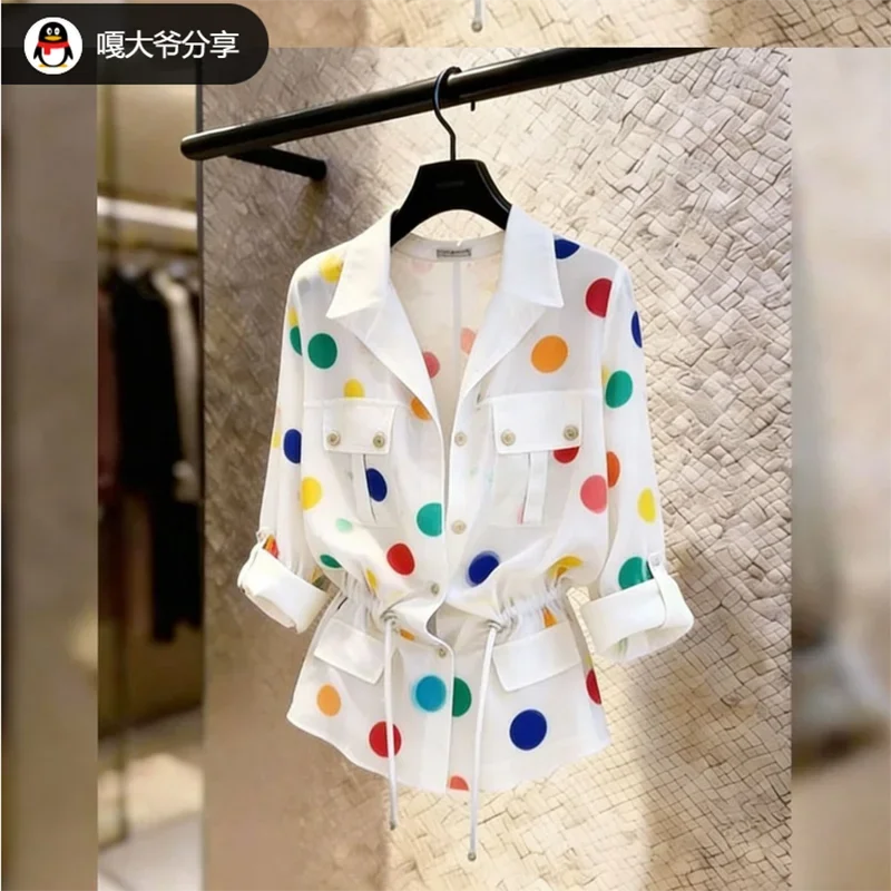 Design Sensation White Polka Dot Shirt Women's Long Sleeve Slim Fit Top for Summer 2026 Fashion Versatile Waist-Cinchi KX42
