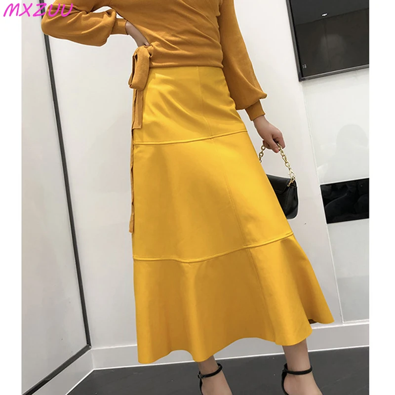 100% Genuine Leather Super Long Skirt Flared Dress Women High Waist Simple Stitching Saia Longa Feminina Sheepskin Jupes Longues