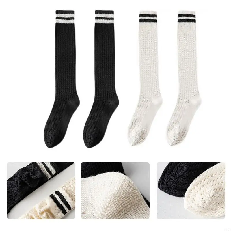 195E カレッジスタイルの女性中空アウトパターンニーハイソックスヴィンテージダブルストライプ無地黒、白の薄いストッキング