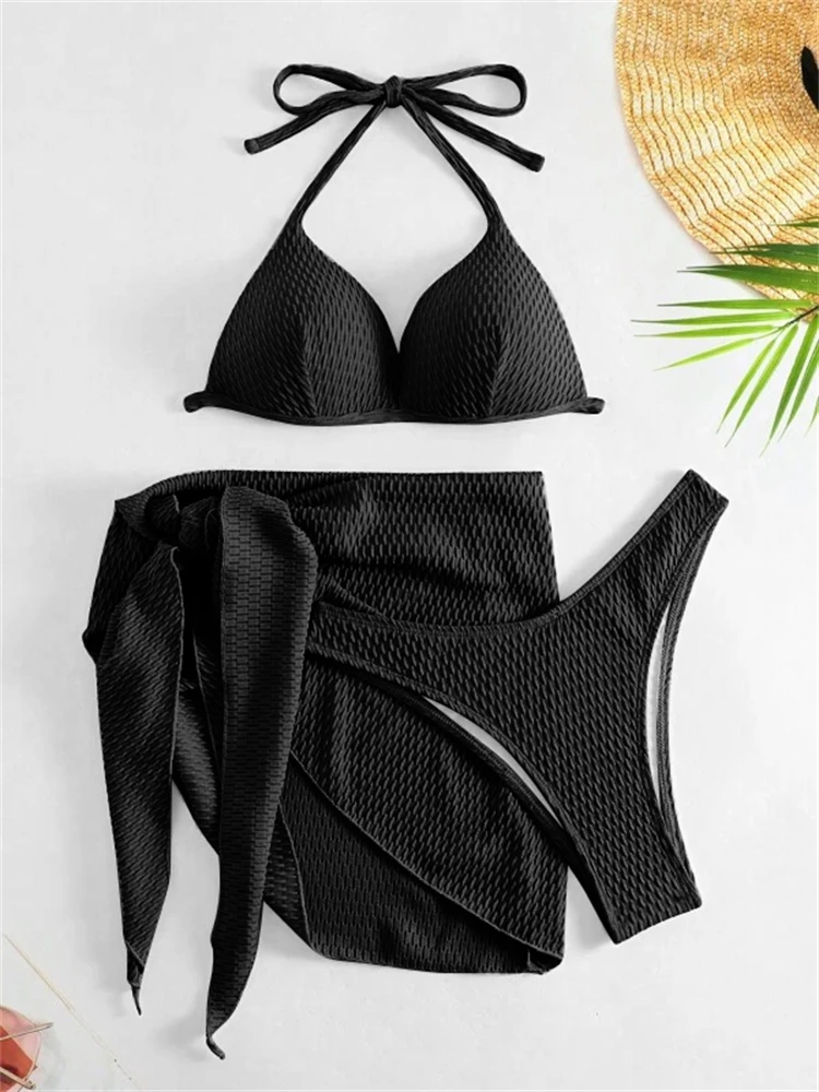 Bikini Women Swimsuit 2024 New Solid Halter Ribbed Bikinis Set Sexy Thong Swimwear Summer Three Piece Beach Bathing Suit Female