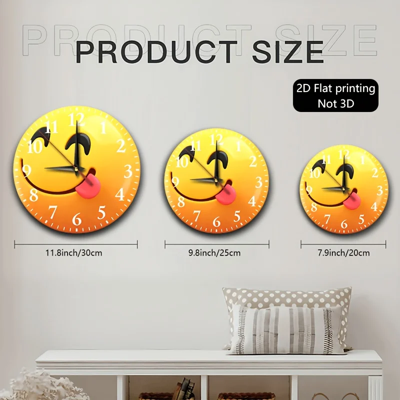 1 Joyful Face Wall Clock with Winking Tongue - Yellow Vintage Round Wooden Clock, Suitable for Rooms, Living Rooms - Pleasant Minimalist Design, Suitable for Offices, Kitchens - Free Clock, 2D Flat