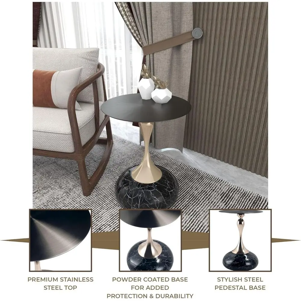 Modern Japandi bedroom accent corner featuring Muji Style Stainless Steel Round Accent Table with sleek metallic details