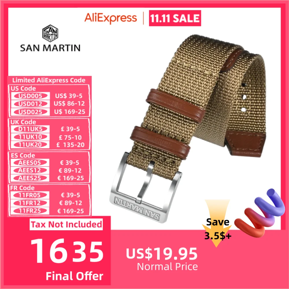 San Martin High Density Premium Nylon Watchband For Watch With 20mm Lug Width Solid Steel Pin Buckle Retro Leather Loops SN0105