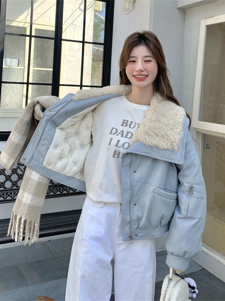 ブルーラムファー襟付きPUレザーダウンジャケット レディース 冬 2024 新作 アメリカンレトロ 小さいサイズ 高級感 通勤 スタイリッシュ