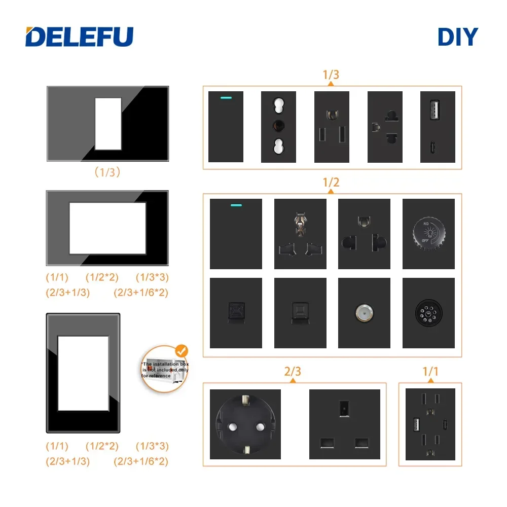 Picture 3: DELEFU Italian, EU, Multi-functional Free Combination USB Type C Wall Socket DIY Black