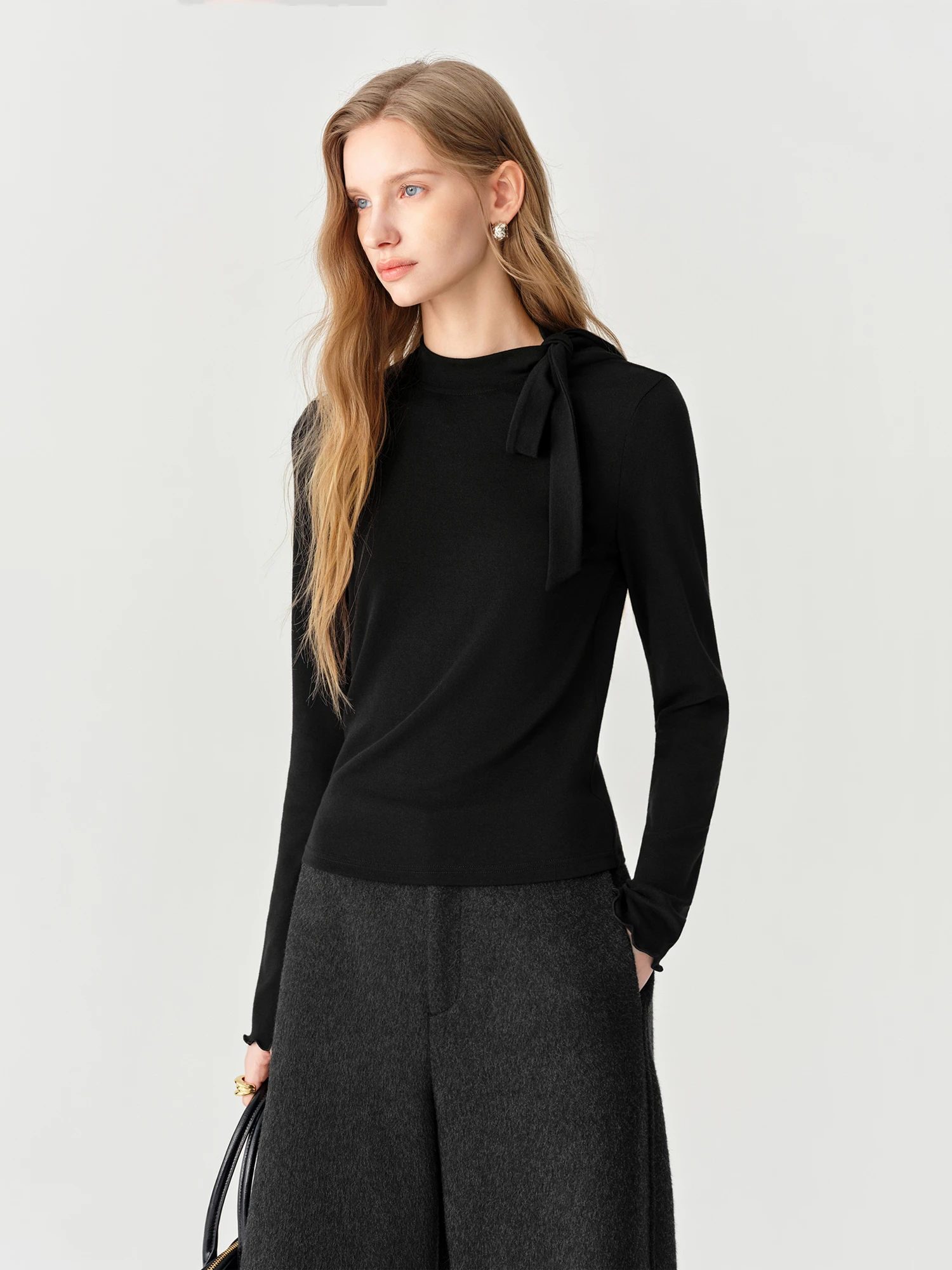 FSLE 2026 Winter Women's Black Bow Mock Neck Long Sleeve Knit Top - Soft Cozy Chic Flattering Versatile Layering Essential Piece