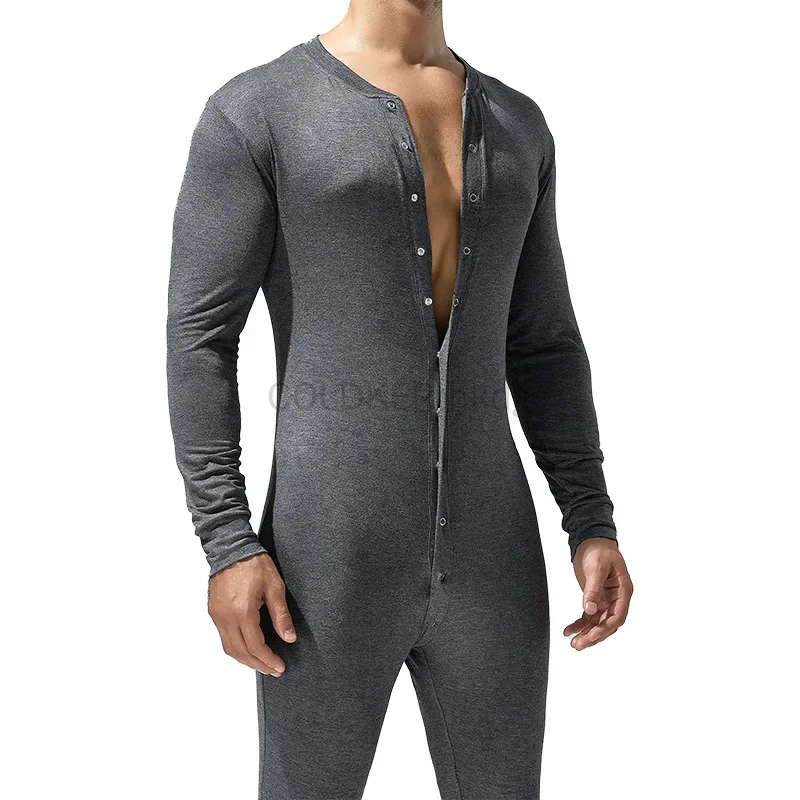 

Men Button Home Wear Black Blue Long-sleeved Comfortable Rompers Tight-fitting Casual Pajamas Adult Underwear Pajamas Jumpsuits