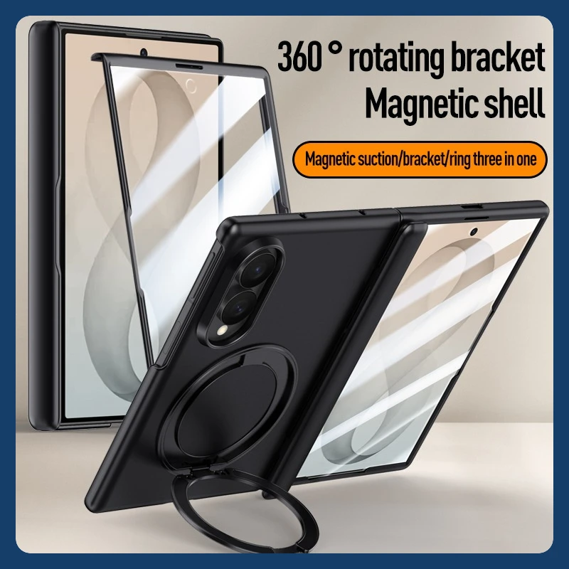 Case For Samsung Galaxy Z Fold 8 Luxury Magnetic PC+TPU Skin Feel Hinge 360° Rotatable Ring Stand Cover with HD Privacy Glass