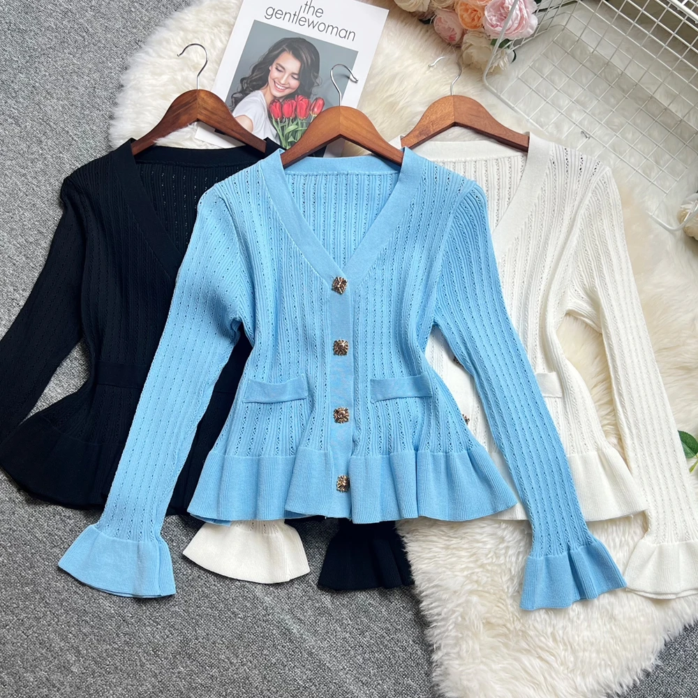 

YuooMuoo Brand Fashion Women Knitted Tops 2025 New Y2K Rhinestone Ruffled Long Sleeve Cardigans Sweaters Elegant Lady Shirts