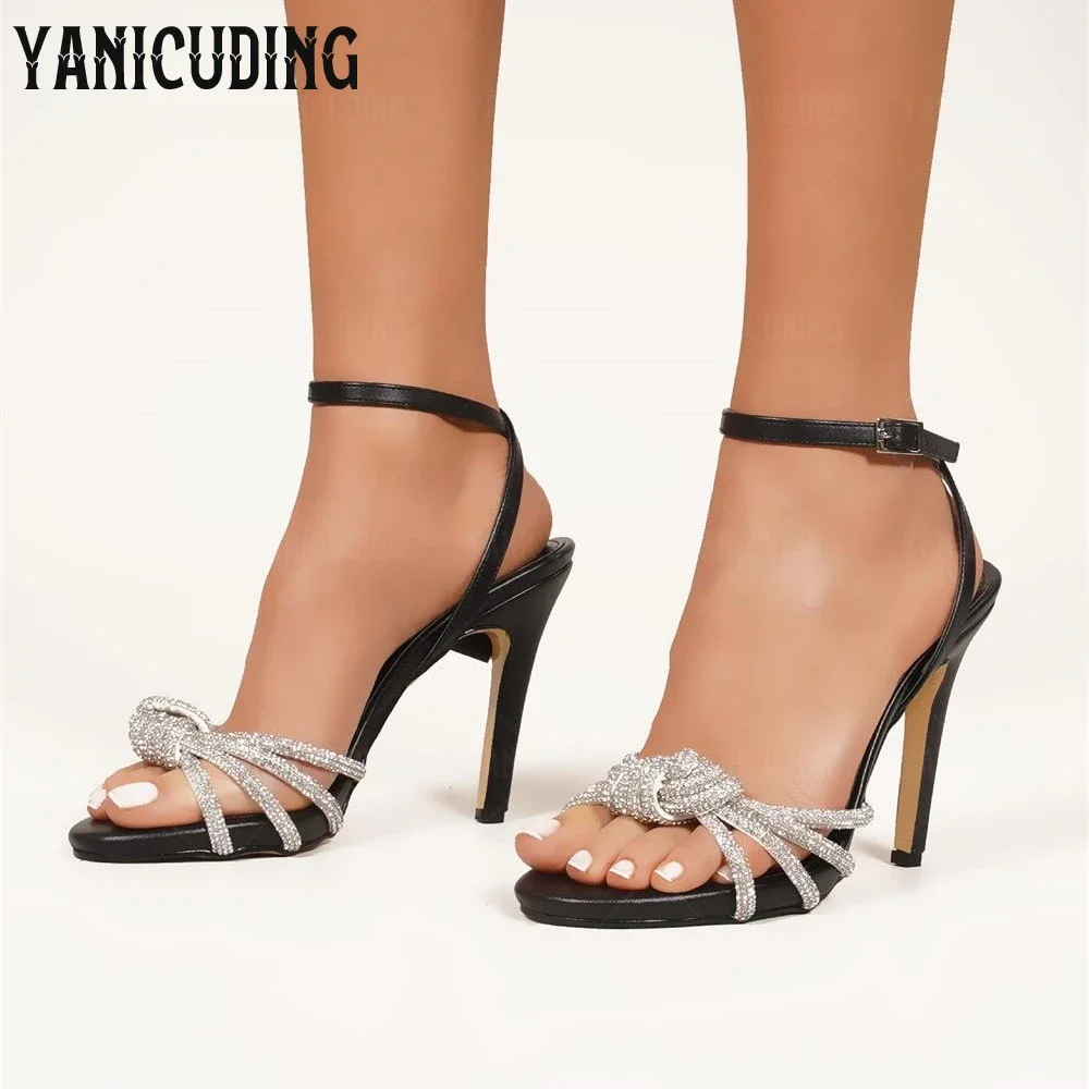 Knotted Rhinestone Sandals Round Toe Stiletto Summer Shoes Buckle Luxurious Design Sandals Women's Custom Colour Leather Sandals