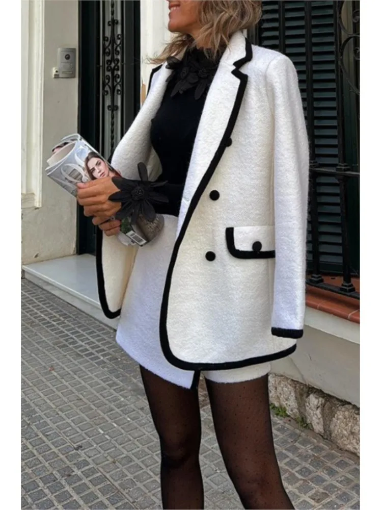 

Temperament Woolen Blazer Two Piece Set Women Autumn Winter Solid Color Long Sleeve Coat Irregular Shorts 2 Piece Sets Female
