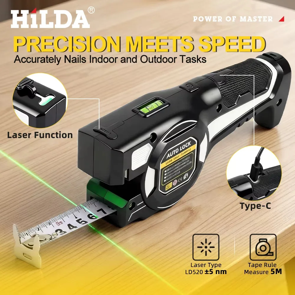 HILDA 2-in-1 Laser Tape Digital Rechargeable Electric Measure Cross Line Laser Tool Level Projector for Wood Working Home DIY