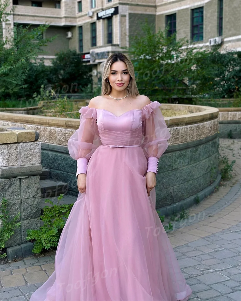 Toofgon Sweet Organza Light Purple Evening Dresses Long Puff Sleeve Formal Party Gown Customized Women Sweep Long Prom Dress