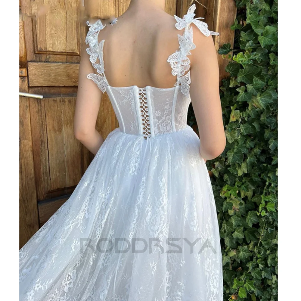 RODDRSYA Boho Elegant Wedding Dress For Women 2023 Sweetheart Appliques Lace 3D Flower Back Lace Up Robe De Mariée Tea Length